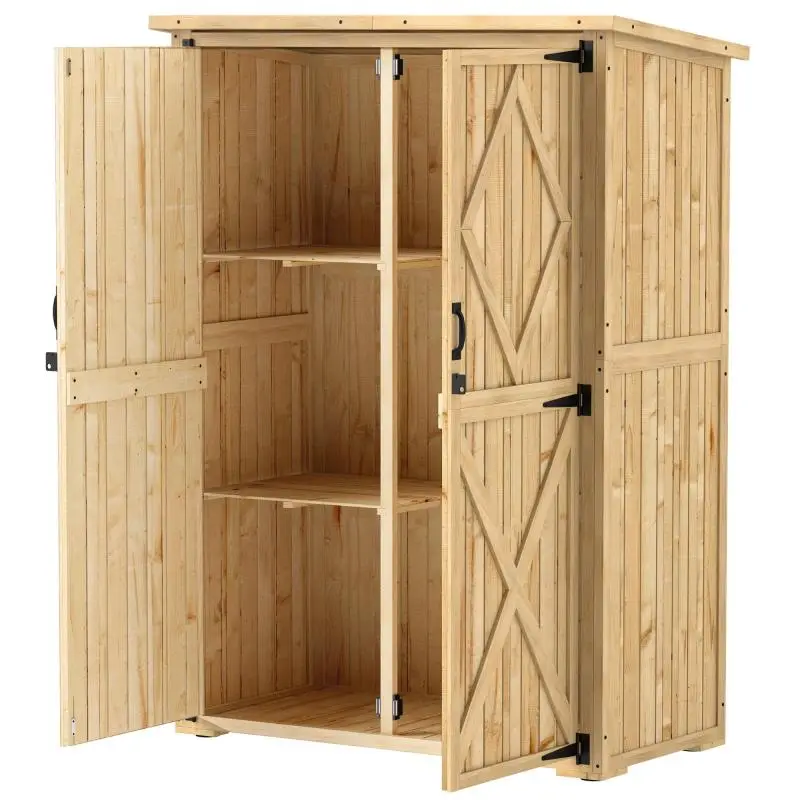Wooden Garden Storage Shed with Double Doors and 2 Shelves, Asphalt Roof, Natural Wood Color