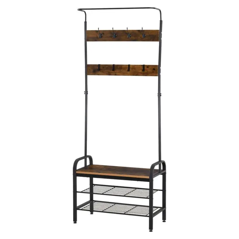 Coat and Shoe Rack with 8 Hooks and 2 Shelves, MDF, Black, 72 x 34 x 185 cm