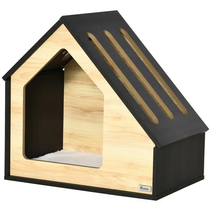 Indoor Dog House/Cave with Cushion and Sloped Roof – Suitable for Small Dogs (up to 8 kg) – 60 x 40 x 59.2 cm, Brown