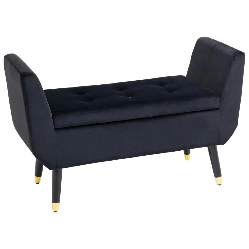 Storage Bench with Armrests – Velvet-Look Upholstered Bench with Wooden Legs – Storage Chest Bench for Living Room, Bedroom, or Hallway (107 x 42 x 65 cm) – Black