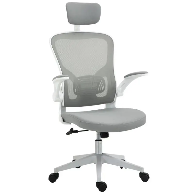 Ergonomic Home Office Desk Chair – High Backrest, Rocking Function, Lumbar Support, Headrest, Flip-Up Armrests – Grey – 65 x 64 x 114–122 cm
