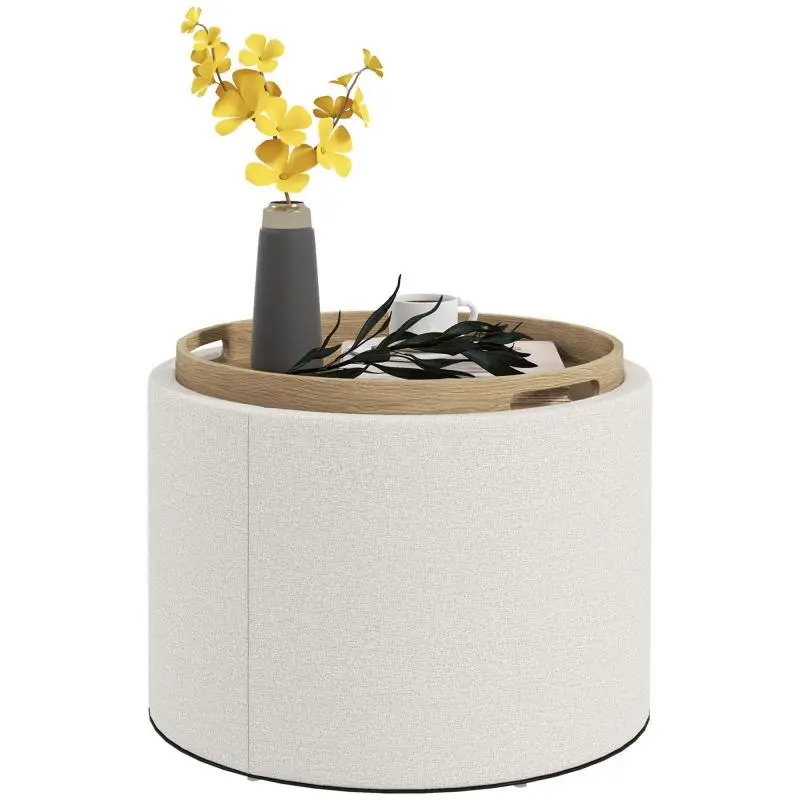 Upholstered stool, linen, hidden storage, reversible lid, 56cm x 56cm x 42cm, cream + natural