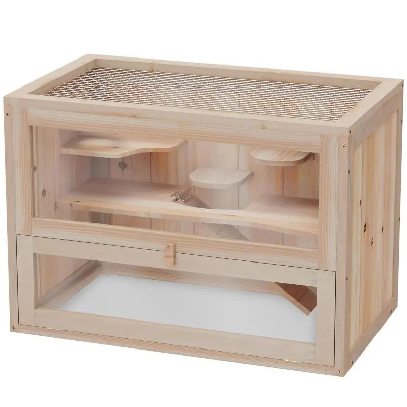 Wooden Hamster Cage – 2-Tier, 60 x 35 x 42 cm – Small Animal Cage with Hinged Wire Roof, Water Bottle, Ramp, Seesaw, and Feeding Station – Natural Wood Cage for Dwarf Hamsters