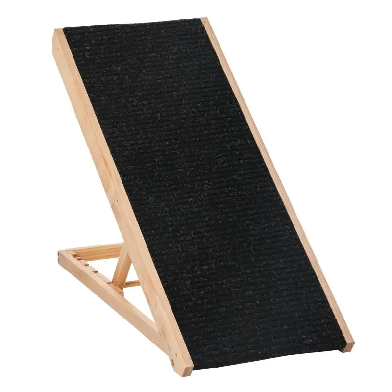 Foldable Pet Ramp for Bed and Couch – Adjustable to 4 Heights (26–61 cm) with Anti-Slip Pad (90 cm); Suitable for Large Dogs Under 40 kg – Black & Natural Wood