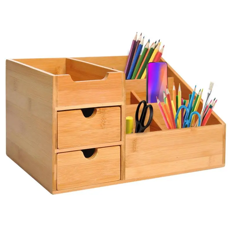 Desk Organizer Storage Box – Office Box / Organizer with 2 Drawers – Natural Finish – L33 x W20.5 x H15.5 cm