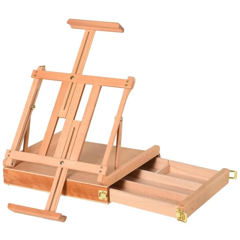 Tabletop Easel – Adjustable-Angle Easel with Handle – Portable Box Easel for Painting & Drawing – Foldable Studio Easel with Drawer – Natural Beechwood