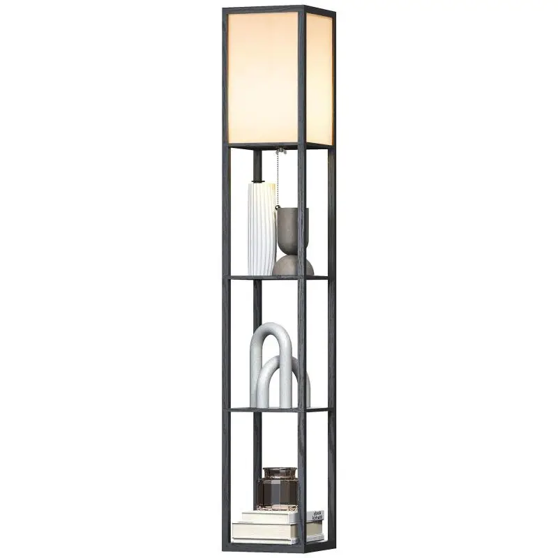 Floor lamp with shelves, wood, 26 x 26 x 160 cm, for living room/bedroom (bulb not included)