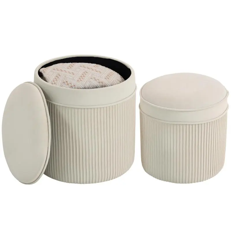 2 in 1 Set Storage Ottomans, Round Velvet Look Footstools with Lid, Nesting Stool Set, 36 x 36 x 41.5 cm