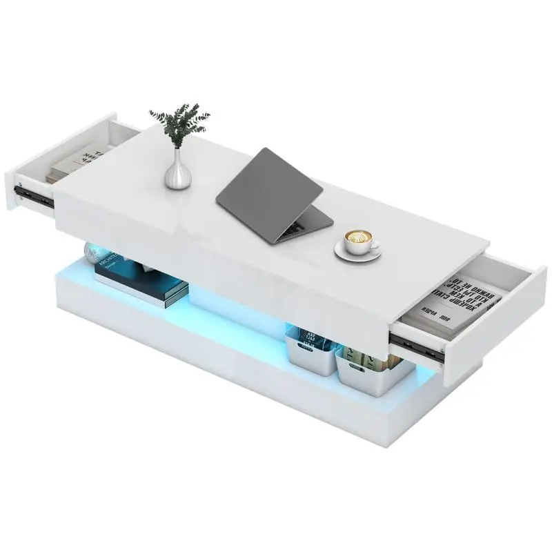 Living room table with drawers and LED lights, modern sofa table with open shelf, coffee table, particleboard, white