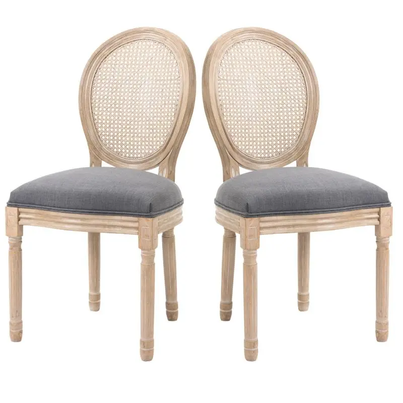 Set of 2 kitchen chairs, soft padding, vintage design, rattan look, grey