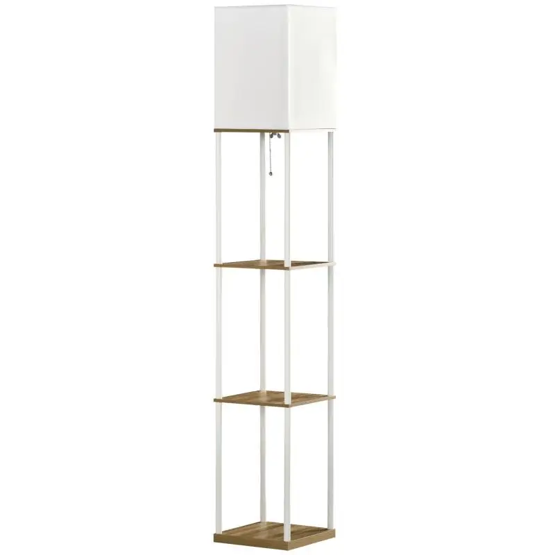 Floor lamp, uplighter, with shelves, metal frame, fabric shade, 26x26x159 cm, white/brown