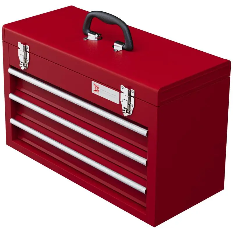 Toolbox with 3 drawers, top storage compartment, steel latches, carrying handle, 51x22x32 cm, red