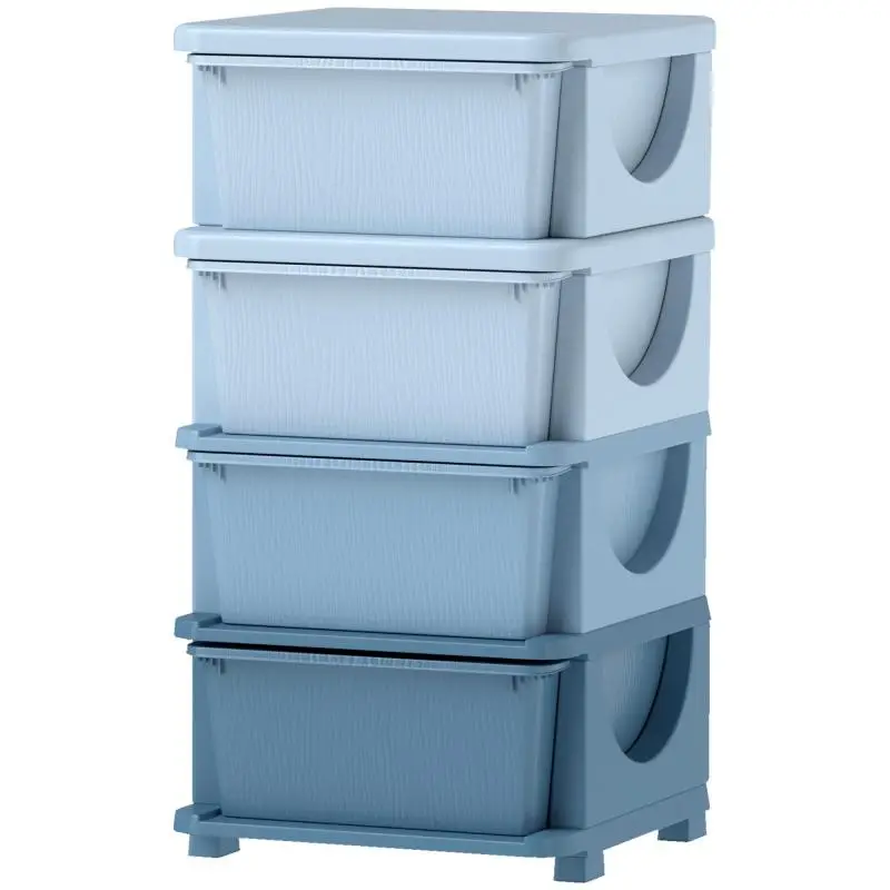 Childrens storage boxes, 4 drawers, rounded edges, raised design, plastic, blue