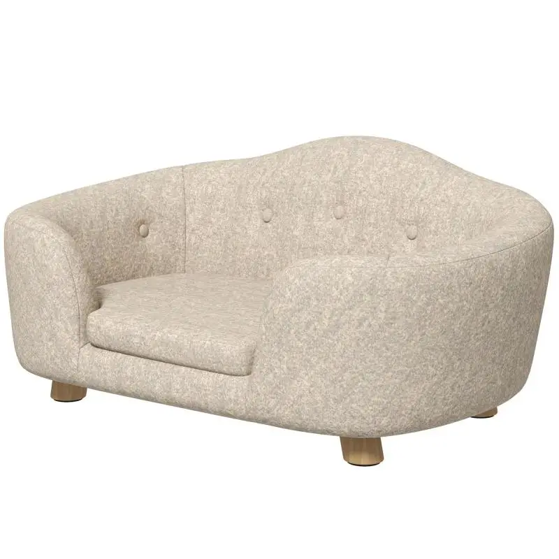 Pet Sofa / Dog Bed / Cat Sofa with Cushion and Back Pocket – Plush, Foam, Pine Wood – Cream White – 70 x 47 x 30 cm