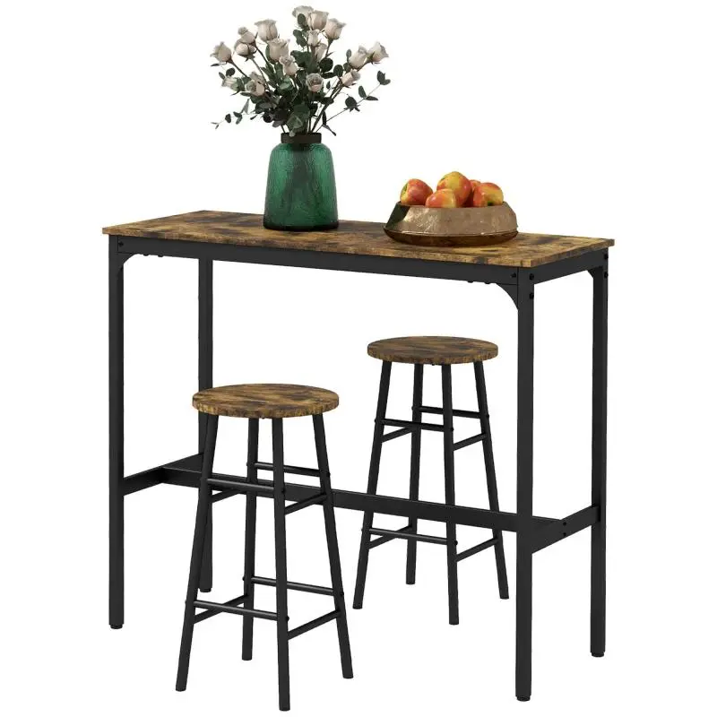 Industrial-style bar table with 2 chairs – 3-piece set (bar table and 2 bar stools), industrial design, brown and black.