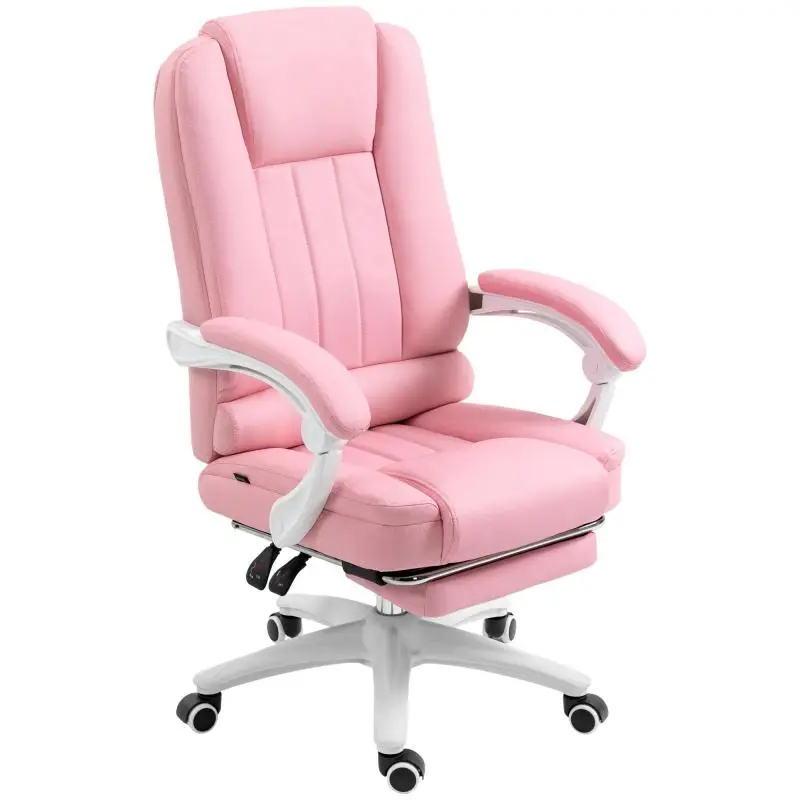 Office chair with footrest, adjustable backrest, height-adjustable, 5 casters, pink + white