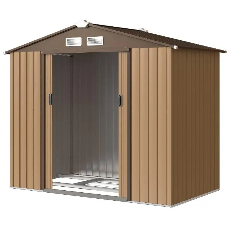 Garden shed with sliding doors, 2.13 x 1.30 x 1.85 cm, metal, yellow