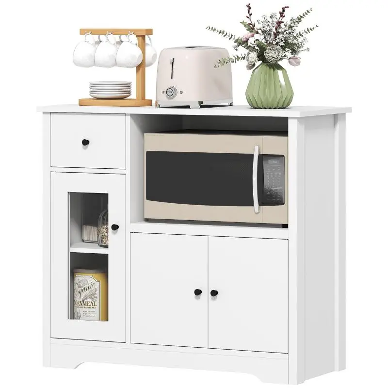 Kitchen cabinet with cable cutout, sideboard with 2 cupboards, open compartment, and drawer, 80 x 35 x 72.2 cm, particleboard, white