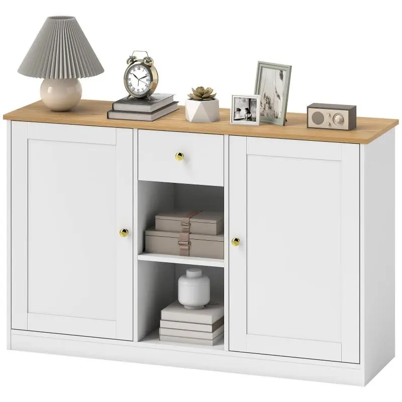 Kitchen sideboard, sideboard with drawer, cabinets, and shelves, particleboard, white