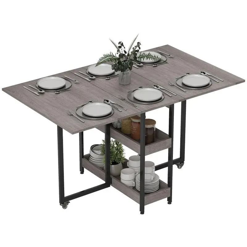 Foldable dining table in industrial design, seats up to 4, open shelving, versatile, metal, particleboard, grey