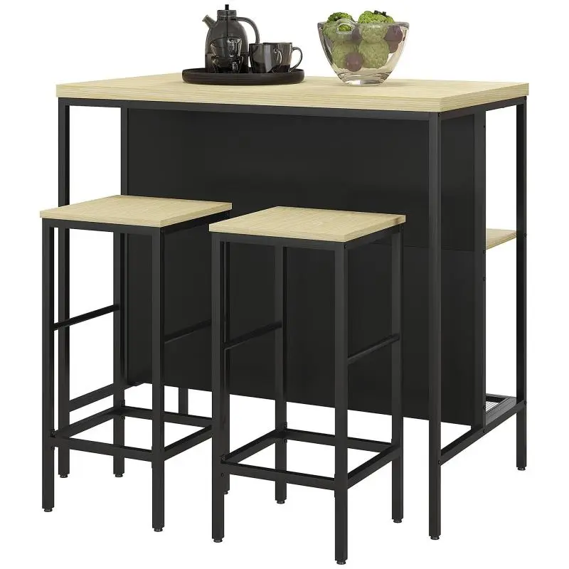 Bar set, 2 bar stools & 1 bar table, stain-resistant, sturdy, steel frame, black/oak