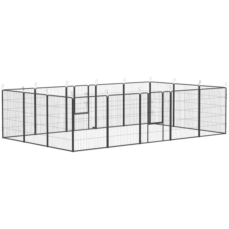 Puppy playpen, modular design, 16 panels, 2 doors, weather-resistant, steel, 3.2 x 3.2 x 1 m, grey