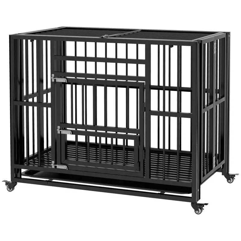 Dog crate/cage, incl. floor tray, locking mechanism, universal casters, 94 cm x 58 cm x 78 cm, black