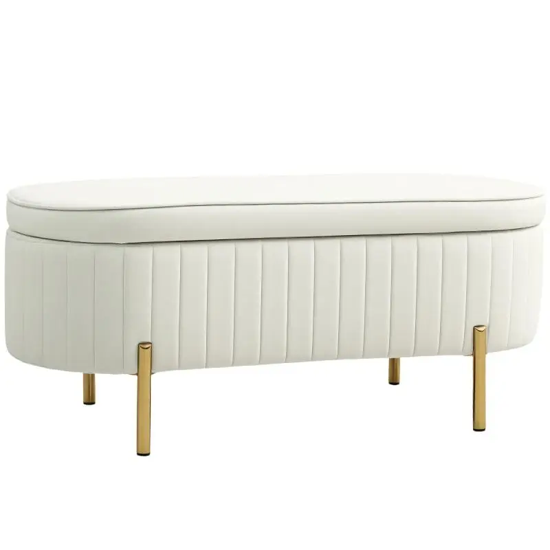 Bench with hinged lid and storage space, fabric upholstery, metal, cream-white and gold