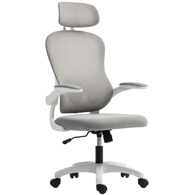 Ergonomic Office Chair Featuring Mesh Backrest, Height Adjustment, Foldable Armrests, Five Casters, and Rocking Function, Gray