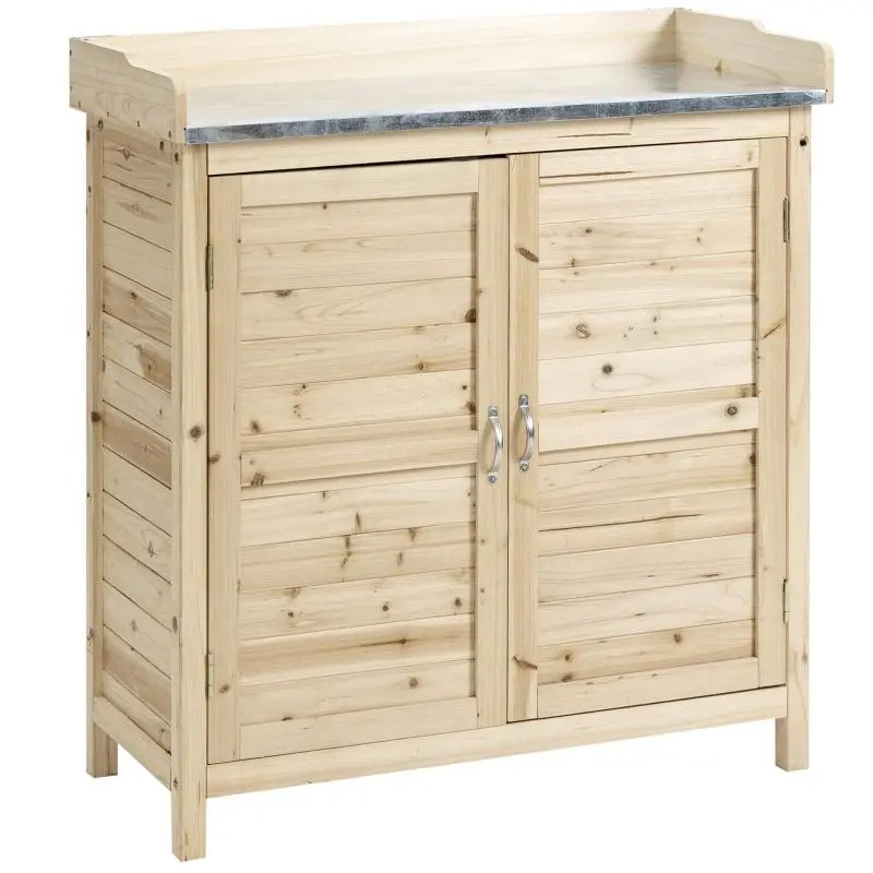 Garden cabinet with 2 compartments, metal worktop with upstand, natural wood, 83 x 40 x 92 cm