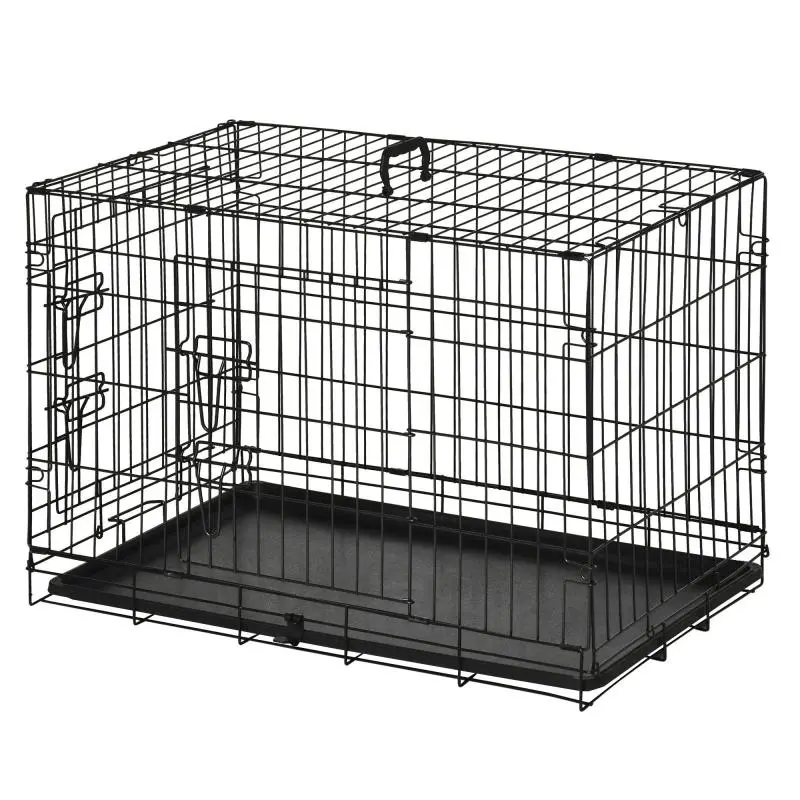 Dog crate, transport crate, wire cage, removable base tray, black