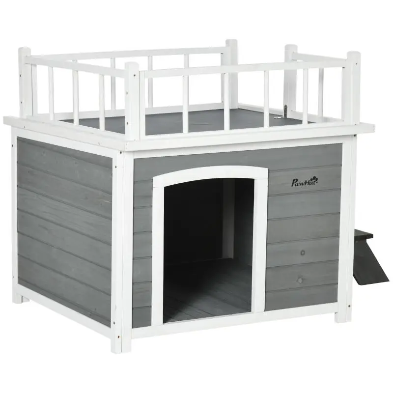 Dog house, roof terrace, stairs, window, raised off the ground, natural wood, light grey, 121 x 77 x 78 cm