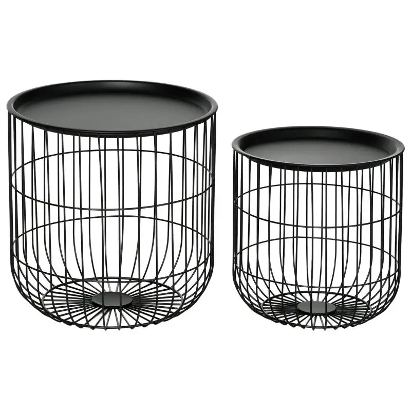 Set of 2 side tables in Scandinavian design, with storage, stackable, black