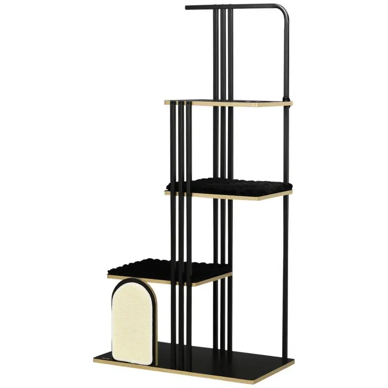 Cat tree, industrial design, 3 platforms, 2 lounging cushions, scratching panel, steel frame, black, 85 x 48 x 170 cm
