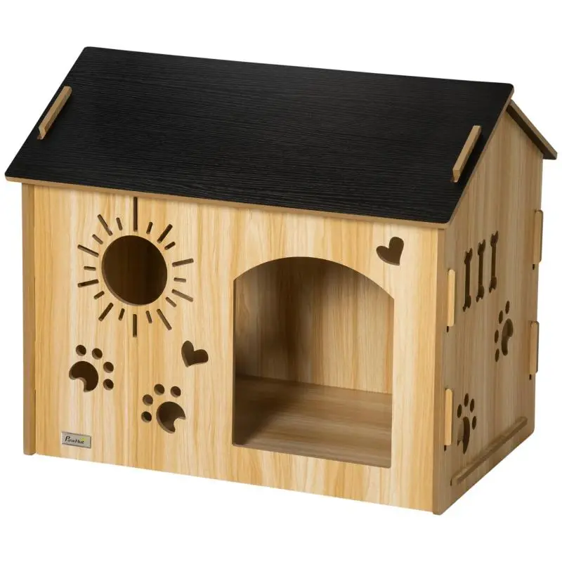 Dog house, with ventilation openings, weather-resistant, wood material, black & wood finish, 69 x 50 x 58.5 cm