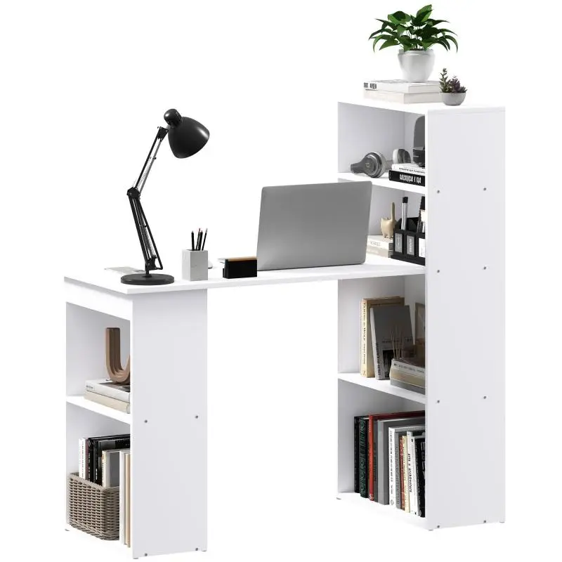 Desk, office desk, computer desk, 2 shelves, 5 shelves, 120 cm x 55 cm x 120 cm, white