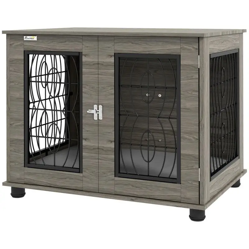 Dog crate with cushion, for dogs up to 20 kg/50 cm body length, metal, 80 x 56 x 63 cm, grey/wood-effect finish
