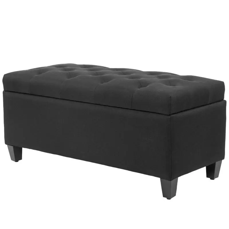 Storage bench, chest bench, linen-look polyester, rubberwood, black, 100 x 40 x 44 cm