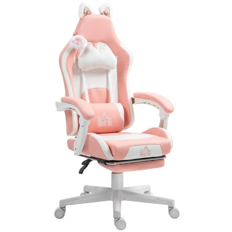 Gaming chair with cat ears, reclining backrest, retractable footrest, up to 120 kg, pink/white