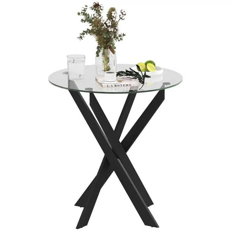 Modern glass dining table, 70 cm diameter, kitchen table with tempered glass top and metal legs, seats 4.