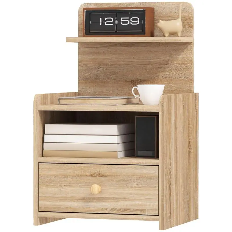 Side table, nightstand with storage, particleboard, tip-resistant, modern, natural wood