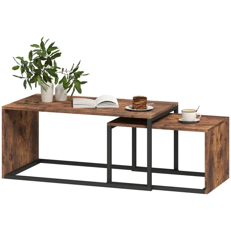 Set of 2 Coffee Tables / Side Tables, Particleboard & Metal, 90 x 48 x 42 cm / 59 x 42 x 36 cm, Black & Brown