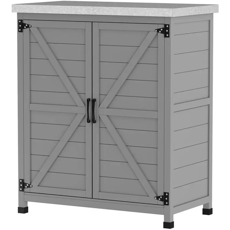 Garden cabinet, outdoor cabinet with work surface, tool cabinet, solid wood, steel, 79W x 43D x 92H cm, grey