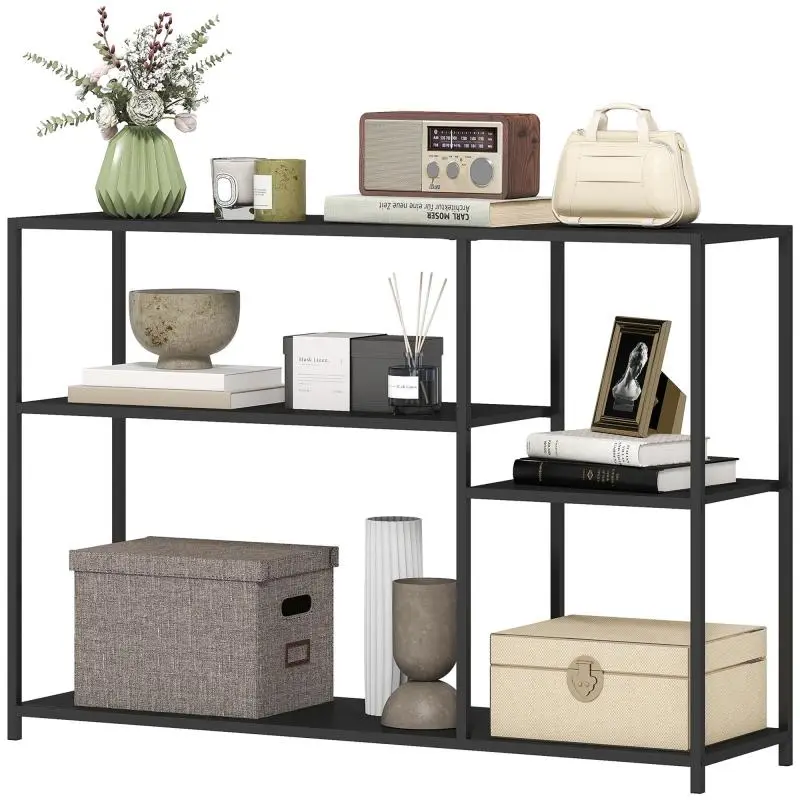 Console table, 4 tiers, steel frame, for hallway, living room, black
