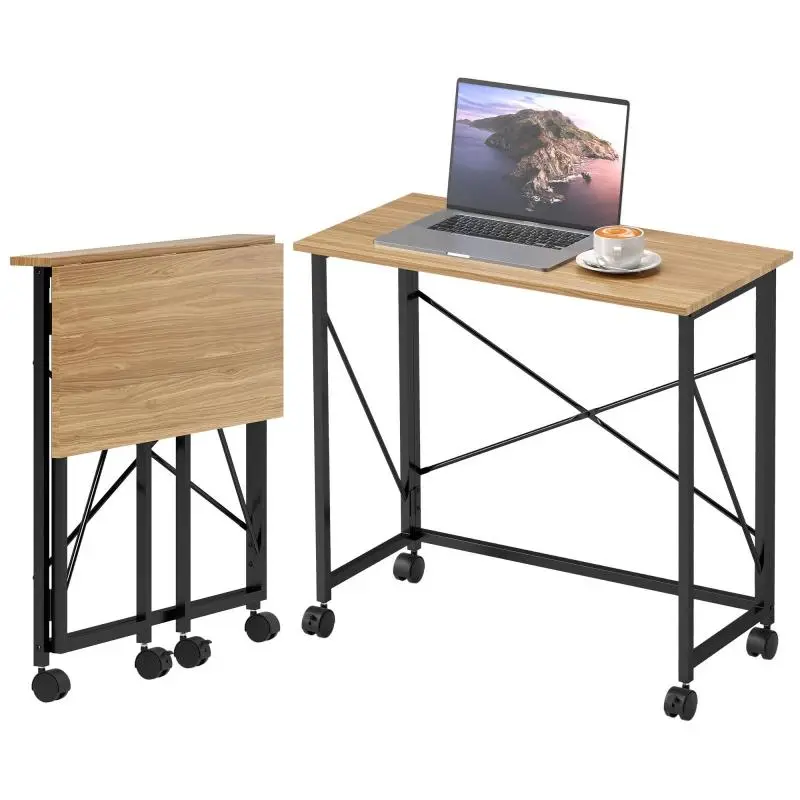 Foldable desk with wheels, space-saving, steel, MDF, oak
