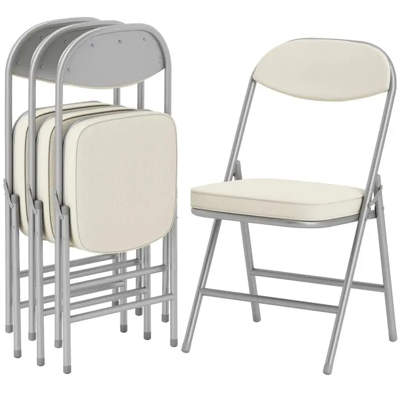 Set of 4 upholstered folding chairs, foldable chairs with corduroy cover, backrest, metal frame, cream white