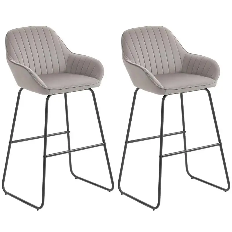 Set of 2 bar chairs/stools with fabric upholstery and foam padding, upholstered stools with metal legs, grey