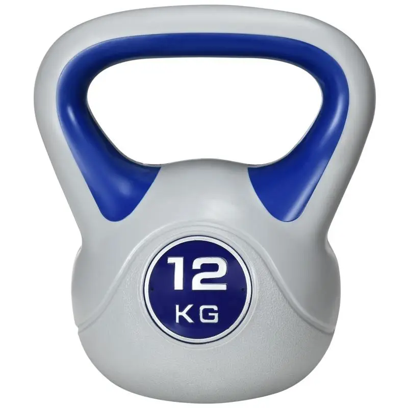 Kettlebell, 12 kg, flat base, large handle, plastic coating, blue, 24 x 17 x 28 cm