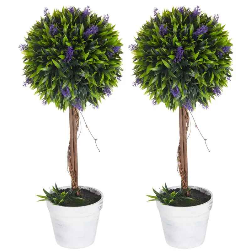 Set of 2 artificial plants including planter and artificial moss, artificial lavender standards, white + green + purple