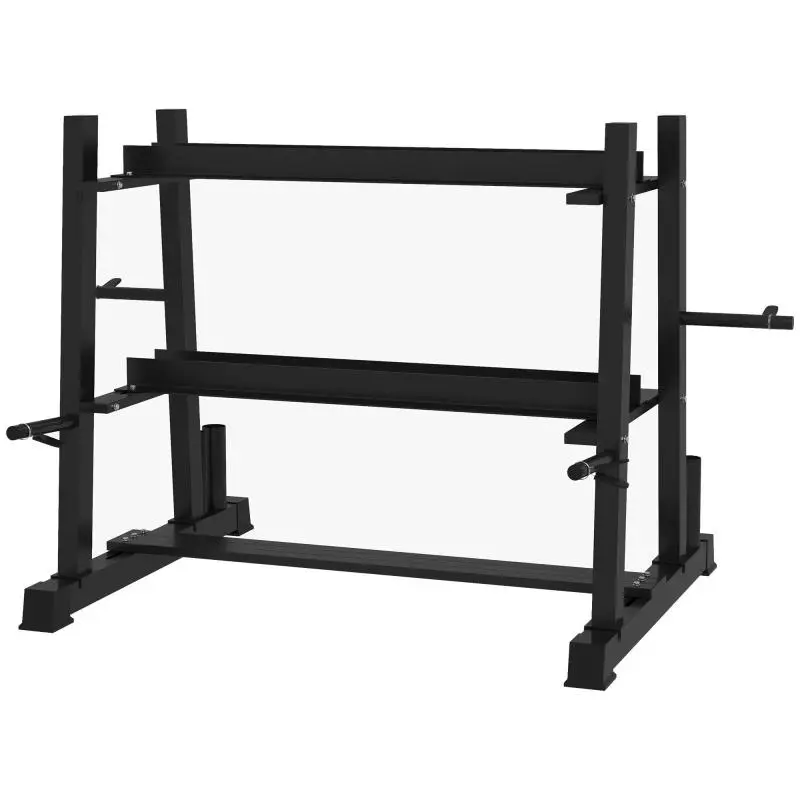 Dumbbell, kettlebell, and weight plate rack, 3 tiers, adjustable, steel, 131 x 75 x 80 cm, black
